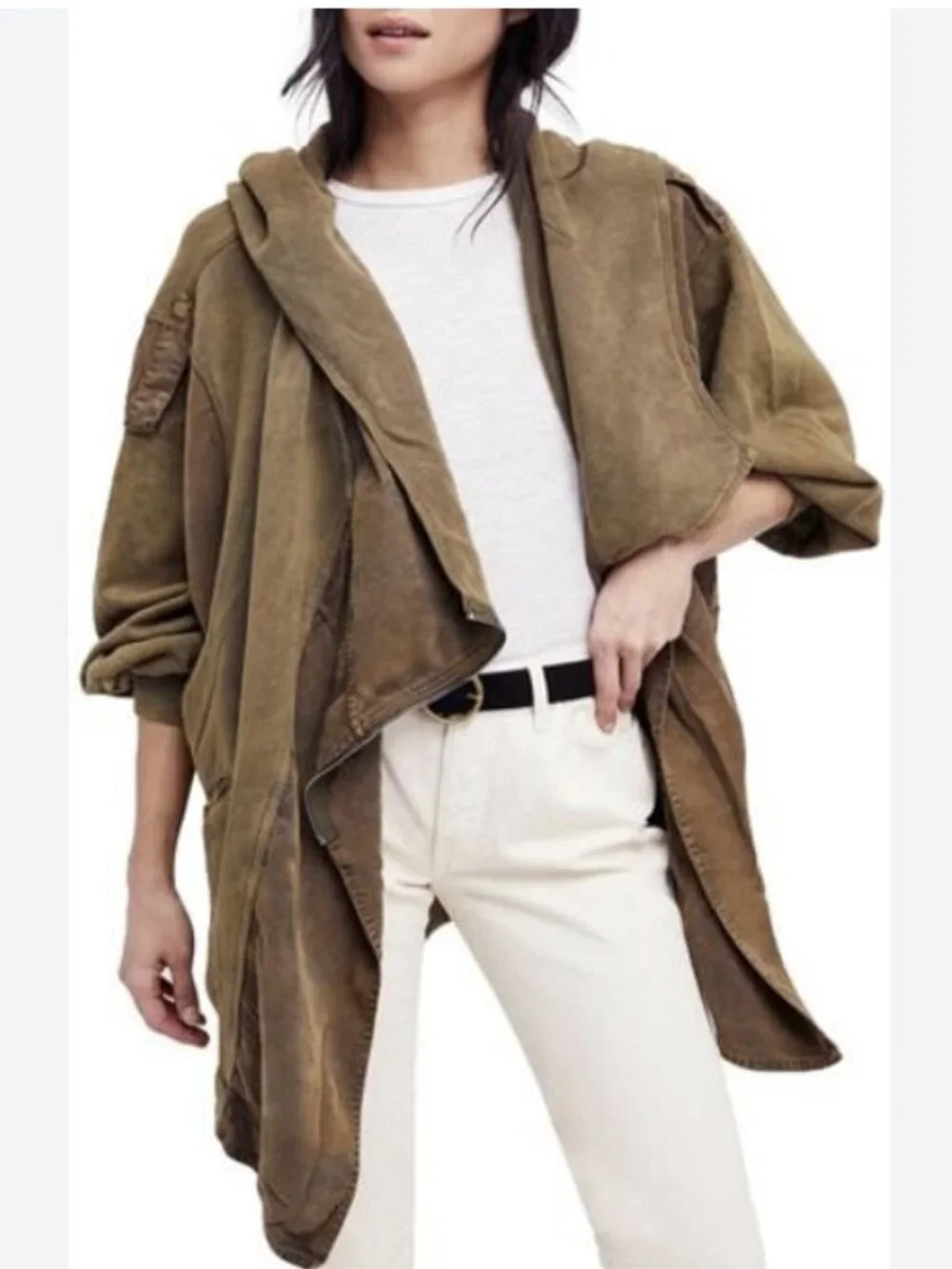 Free People C'mon Hooded Cardigan Jacket Moss Green Cotton Asymmetrical Slouchy